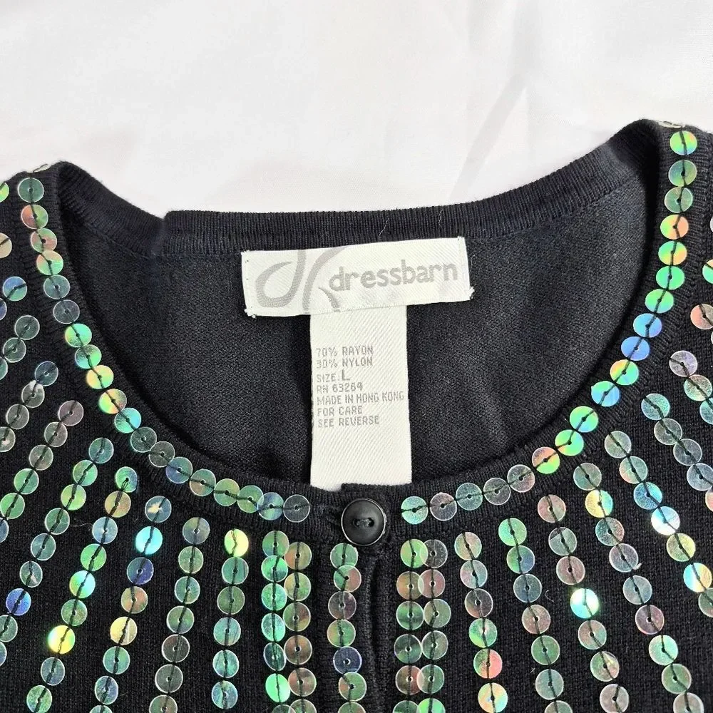 Dress Barn Black Sequin Cardigan Sweater Large Metallic Iridescent Button Up - Picture 2 of 12
